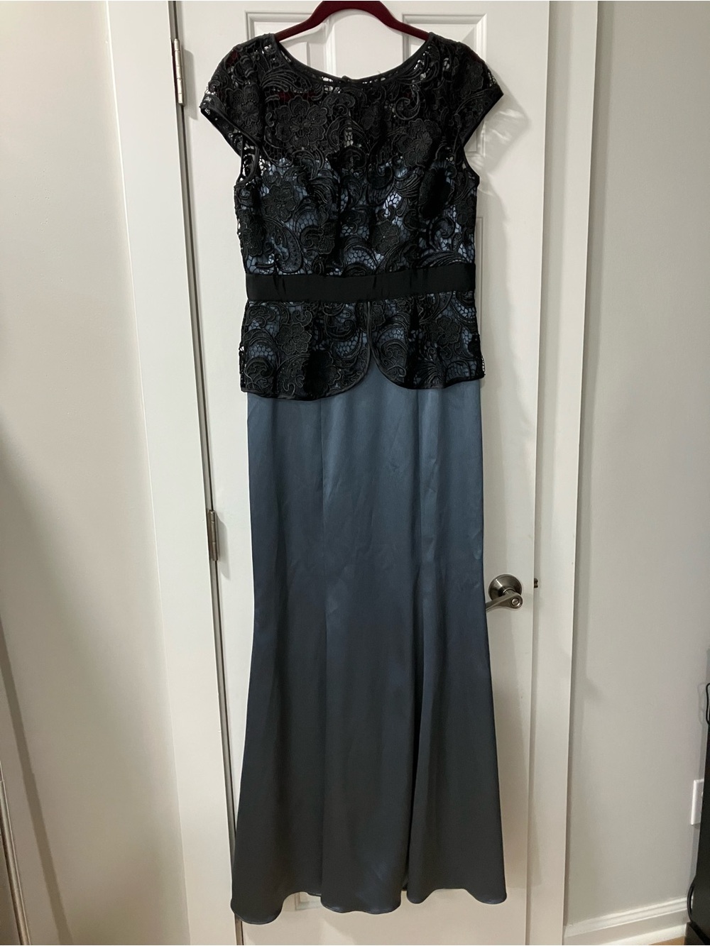 Adrianna Papell Black Lace Top Slate Blue Satin Maxi Dress